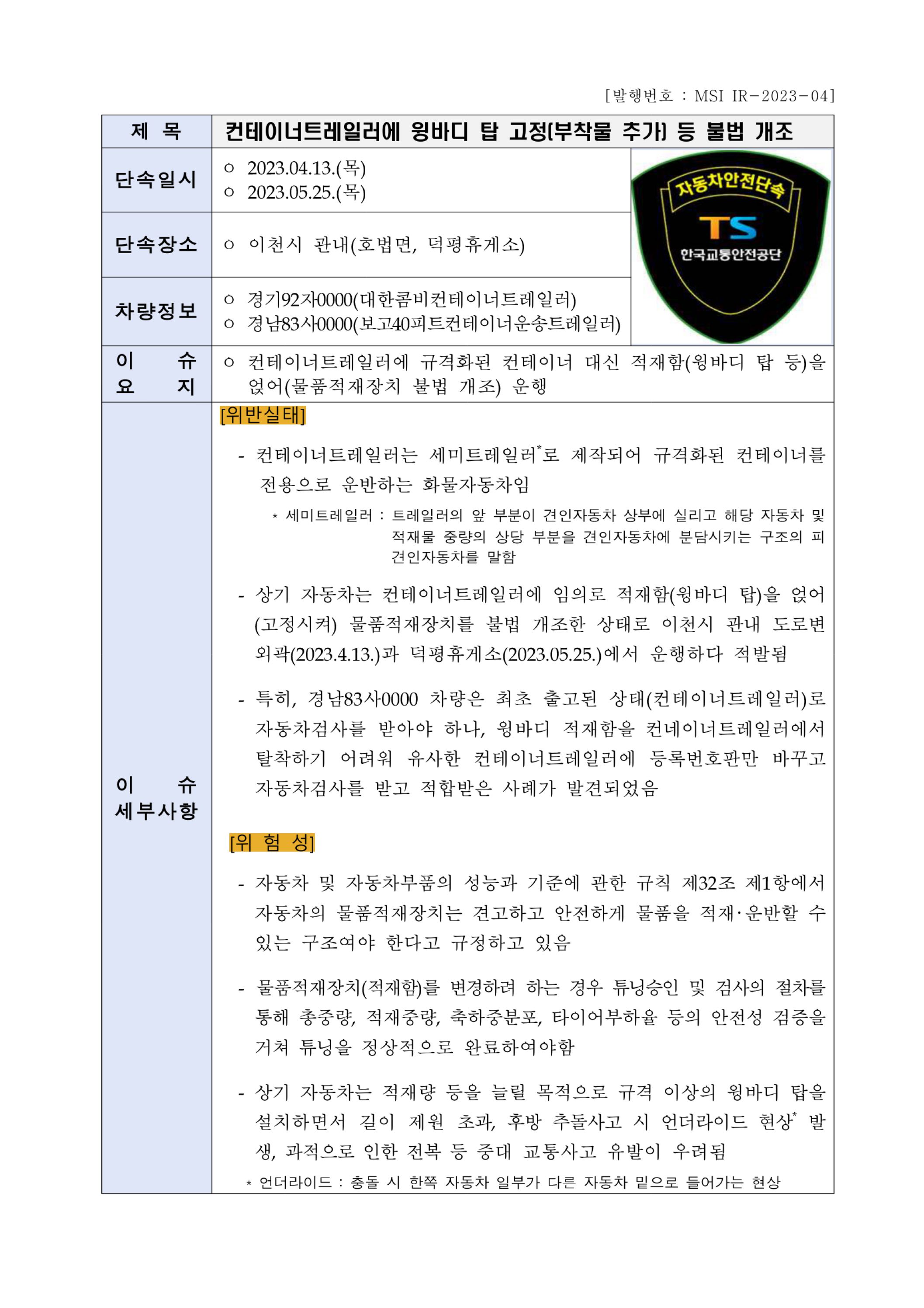 (1-4) [MSI IR-2023-04] 컨테이너트레일러에 윙바디 탑 고정 등 불법 개조.jpg