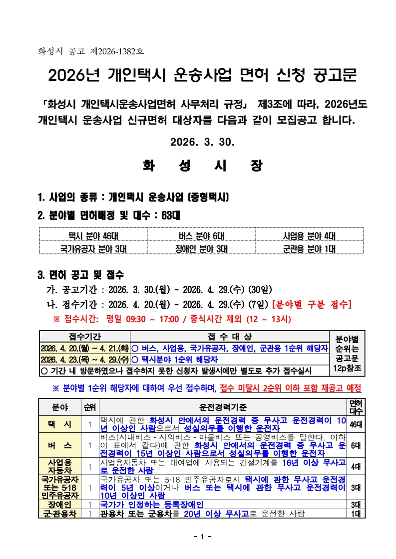 2026년 화성시 개인택시운송사업 면허신청 공고문 20260330_1.jpg